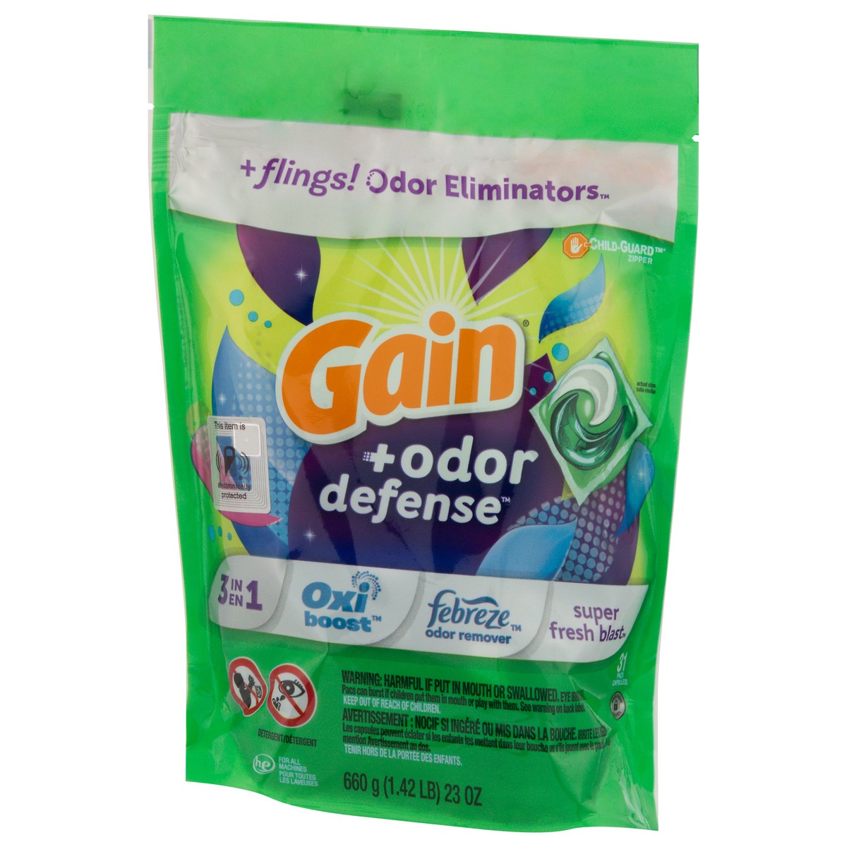 slide 3 of 9, Gain Flings Laundry Detergent Pacs, 31 Count, Super Fresh Blast Scent, with Odor Defense, 31 ct