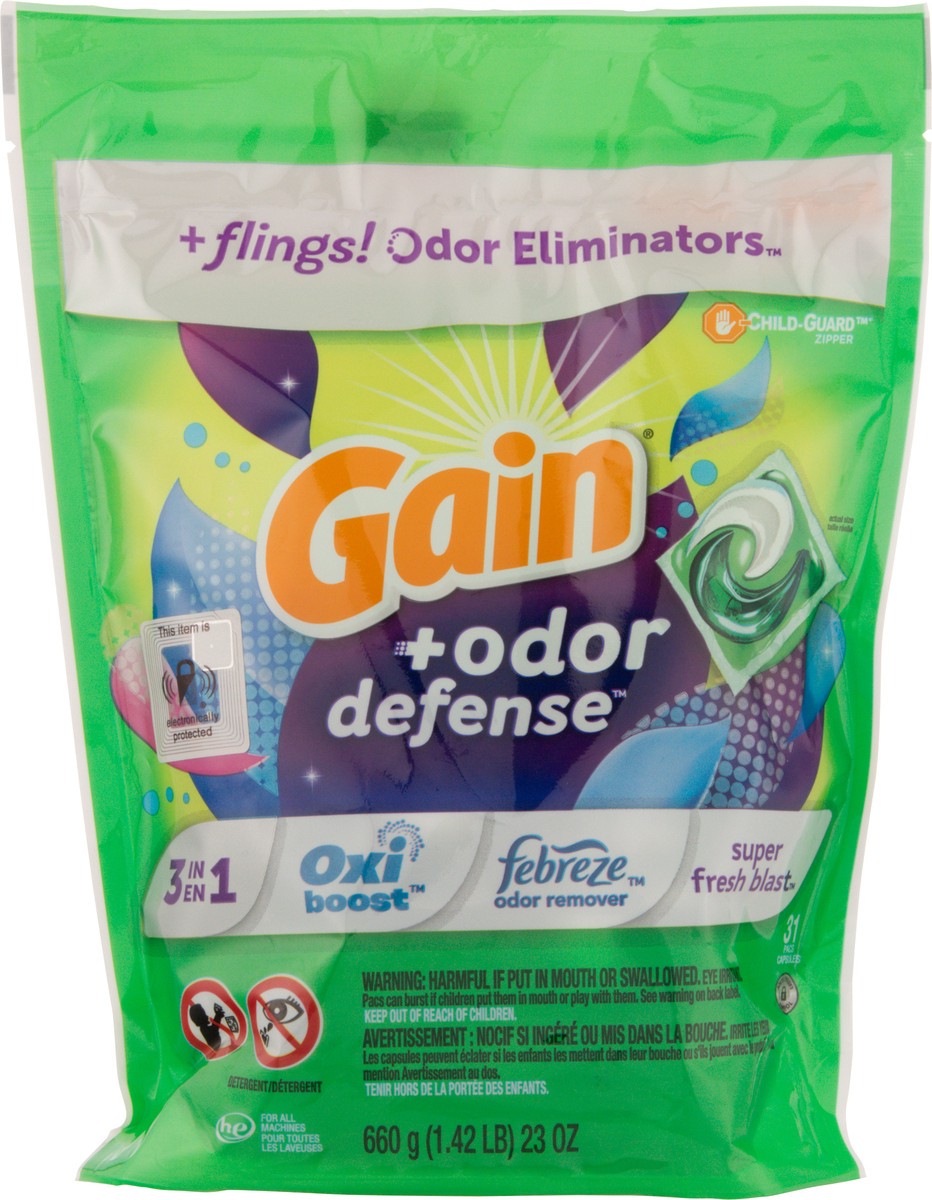 slide 6 of 9, Gain Flings Laundry Detergent Pacs, 31 Count, Super Fresh Blast Scent, with Odor Defense, 31 ct