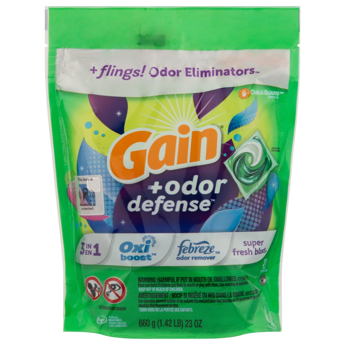 slide 1 of 9, Gain Flings Laundry Detergent Pacs, 31 Count, Super Fresh Blast Scent, with Odor Defense, 31 ct
