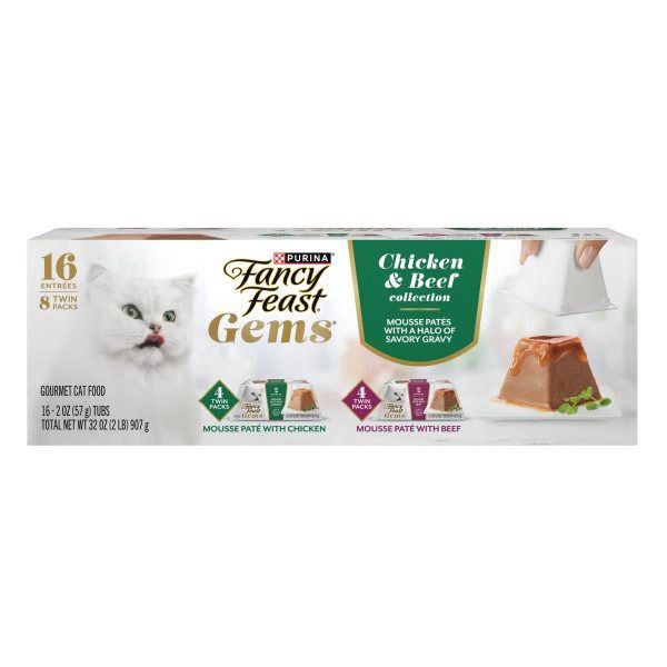 slide 1 of 1, Purina Fancy Feast Gems Pate Cat Food Mousse Chicken or beef and a Halo of Savory Gravy Wet Cat Food Variety Pack - (1) 8 ct. Boxes - (1) 8 ct. Boxes, 2 lb