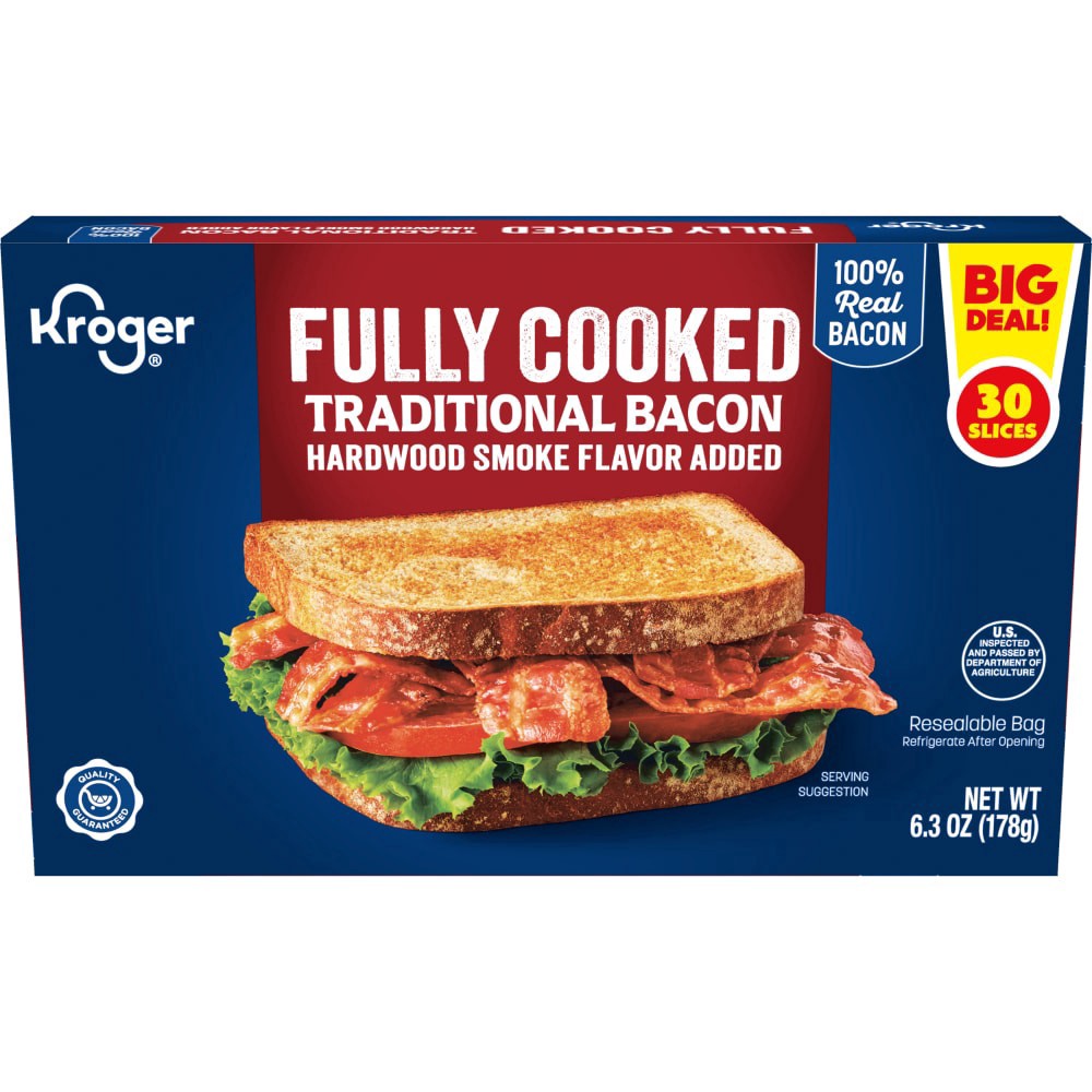 slide 1 of 2, Kroger® Fully Cooked Hardwood Smoke Traditional Bacon, 6.3 oz