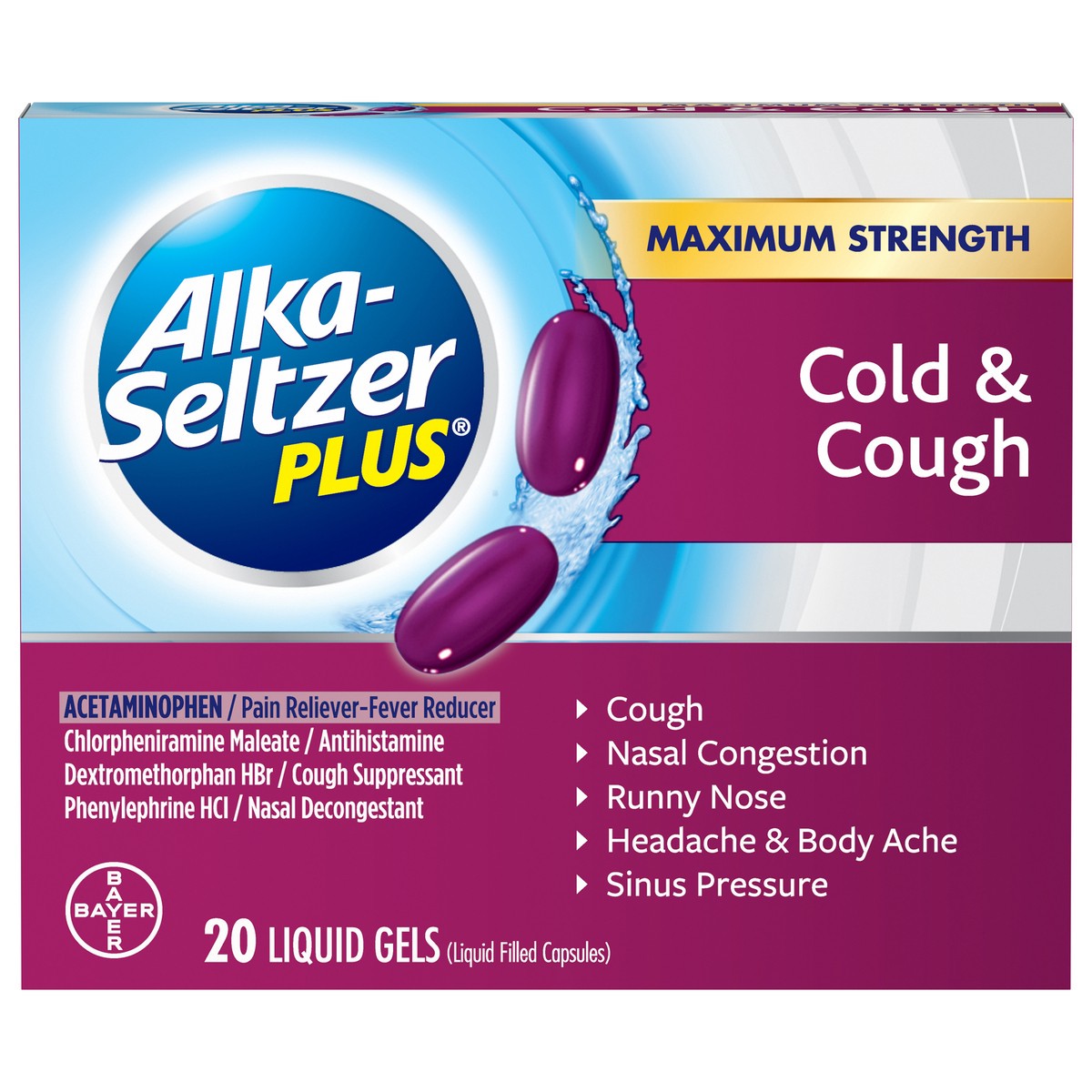 slide 1 of 6, Alka-Seltzer Maximum Strength Cold & Cough Liquid Gels 20 ea, 20 ct