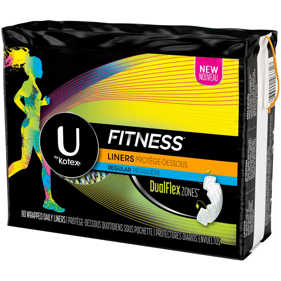 slide 3 of 3, U by Kotex Fitness Panty Liners, Light Absorbency, Regular, Fragrance-Free, 80 Count, 80 ct