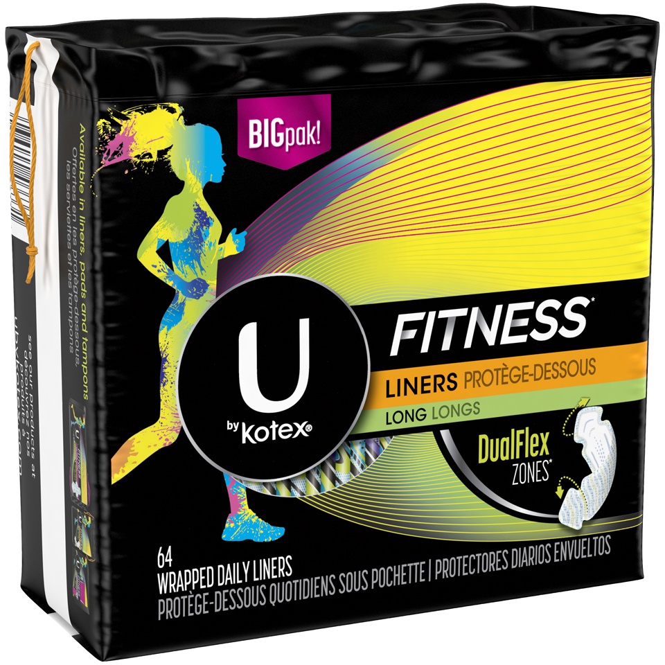 slide 2 of 3, U by Kotex Fitness Panty Liners, Light Absorbency, Long, Fragrance-Free, 64 Count, 64 ct
