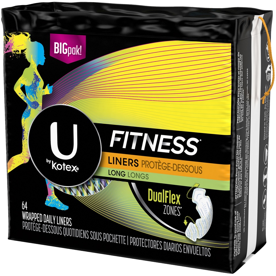 slide 3 of 3, U by Kotex Fitness Panty Liners, Light Absorbency, Long, Fragrance-Free, 64 Count, 64 ct