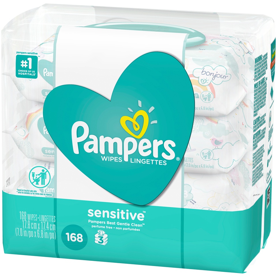 slide 3 of 3, Pampers Baby Wipes Pampers Sensitive, Clinically Proven, Fragrance Free, Water Based, Hypoallergenic Baby Wipes, 168 Baby Wipes Total (2X Flip-Top Packs), 2 ct