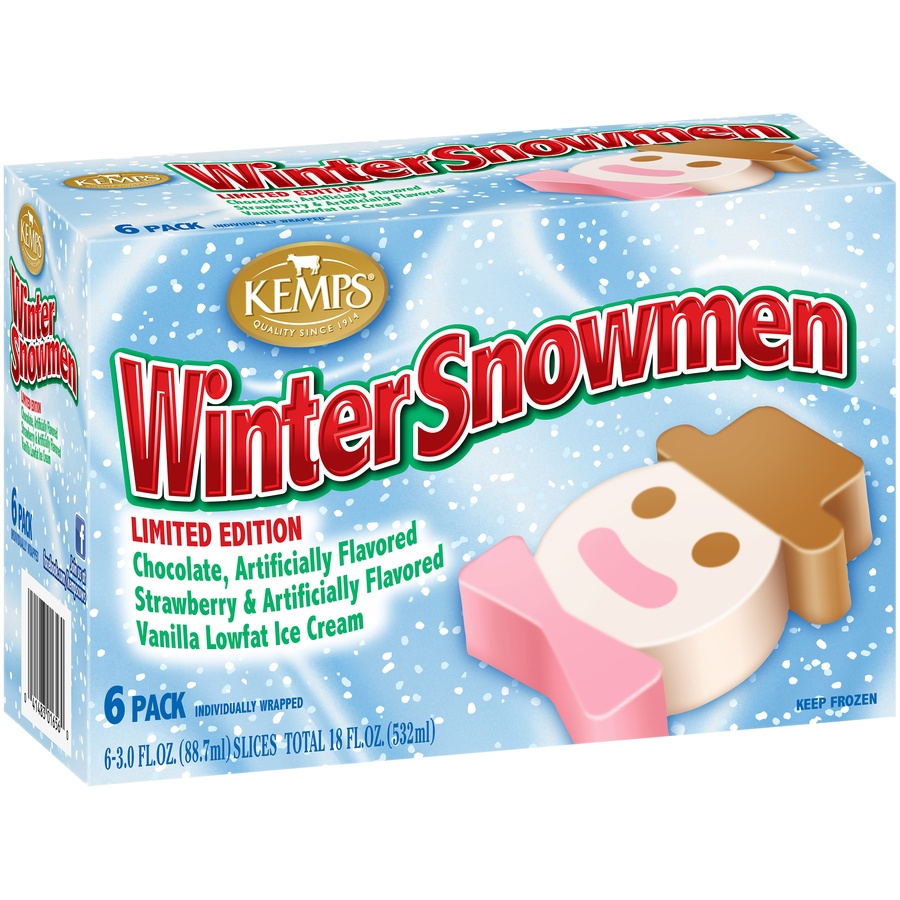 slide 2 of 8, Kemps Winter Snowmen Chocolate, Strawberry, Vanilla Lowfat Ice Cream Slices, 6 ct; 18 fl oz