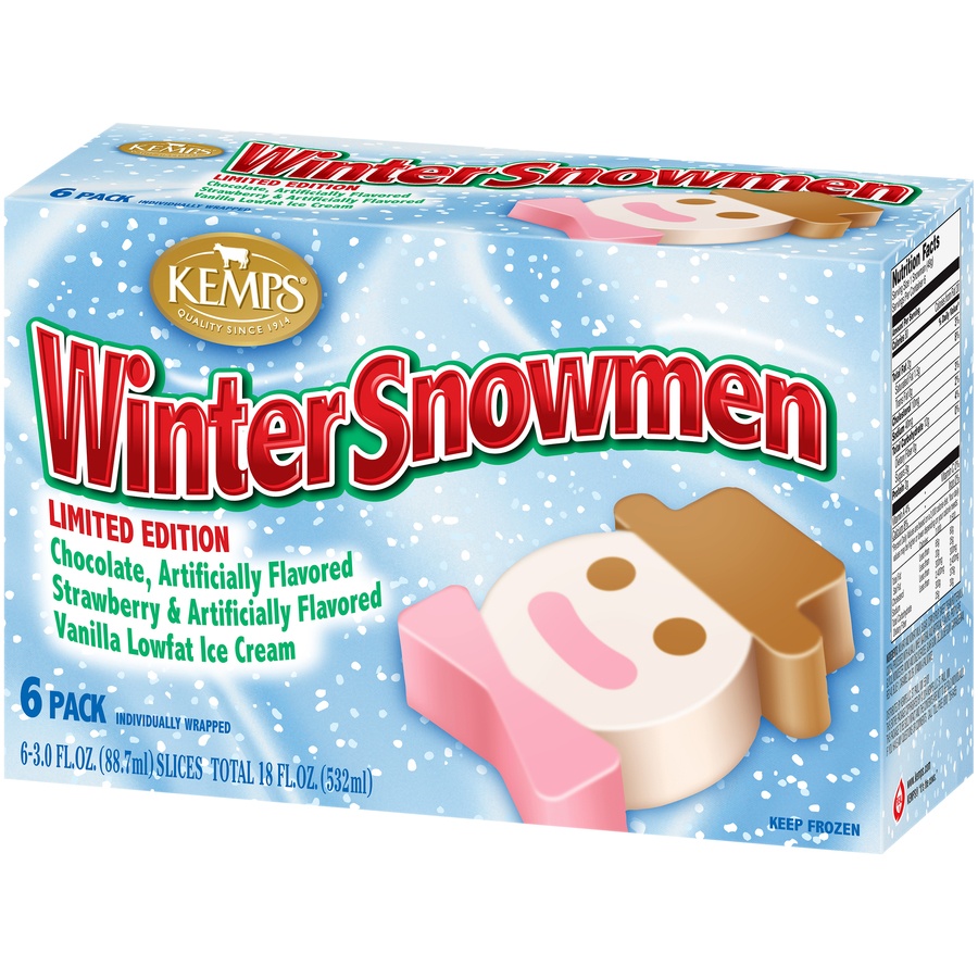 slide 8 of 8, Kemps Winter Snowmen Chocolate, Strawberry, Vanilla Lowfat Ice Cream Slices, 6 ct; 18 fl oz