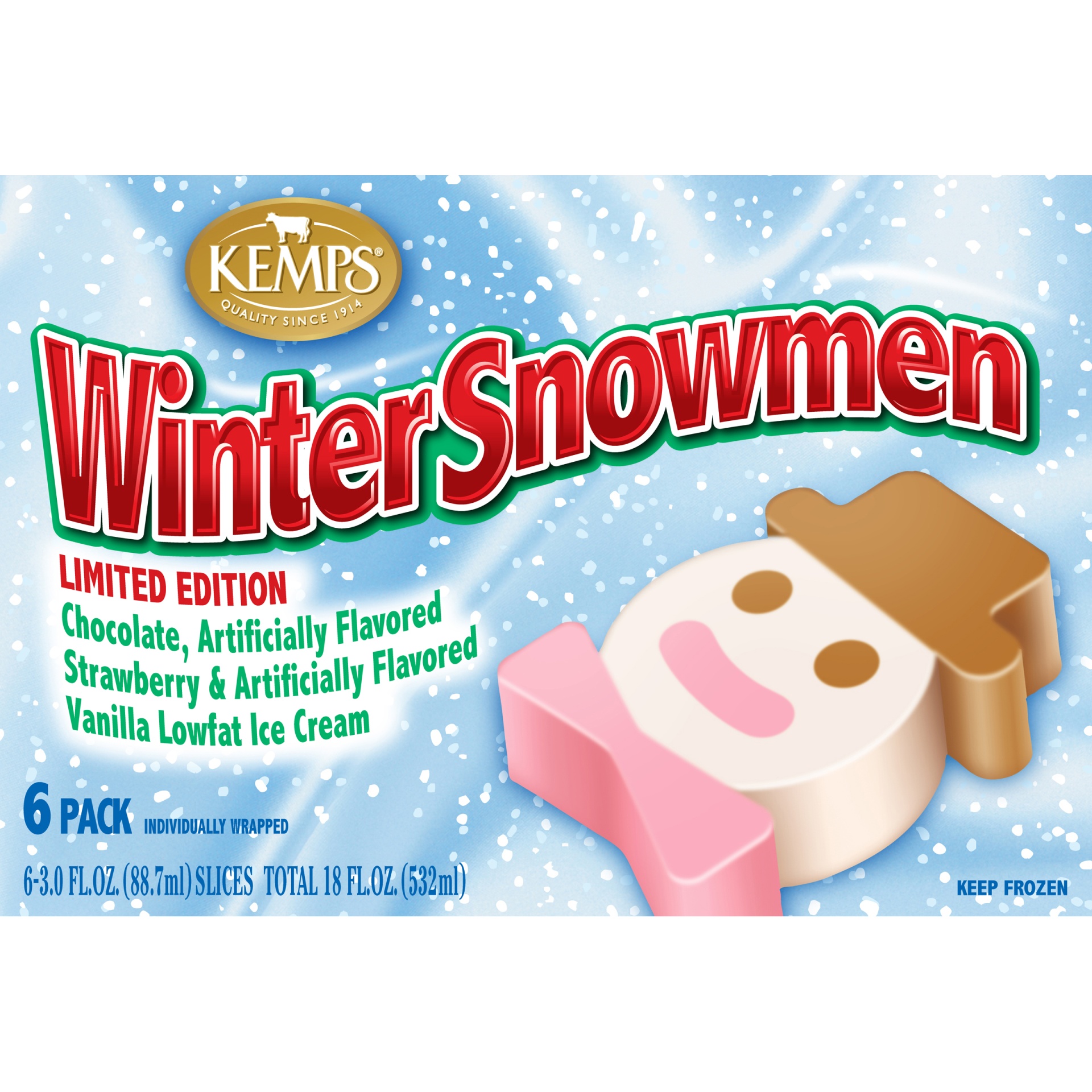 slide 5 of 8, Kemps Winter Snowmen Chocolate, Strawberry, Vanilla Lowfat Ice Cream Slices, 6 ct; 18 fl oz