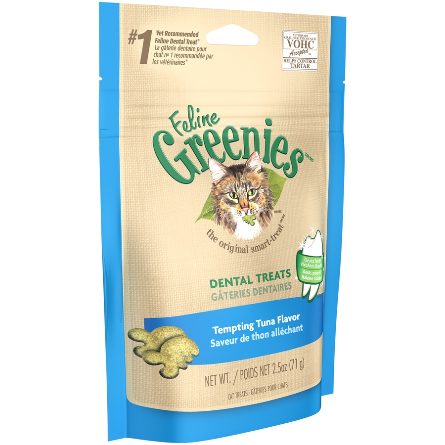 slide 2 of 9, Greenies Feline Tempting Tuna Flavor Dental Cat Treats, 2.5 oz