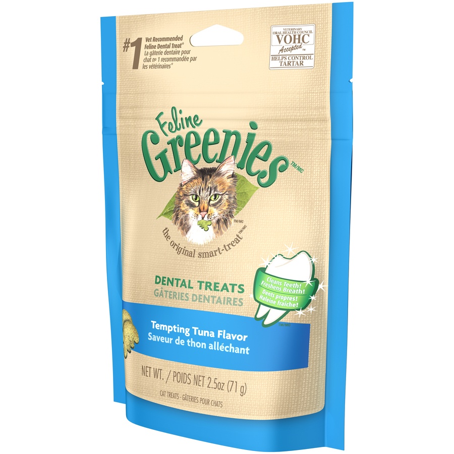 slide 3 of 9, Greenies Feline Tempting Tuna Flavor Dental Cat Treats, 2.5 oz