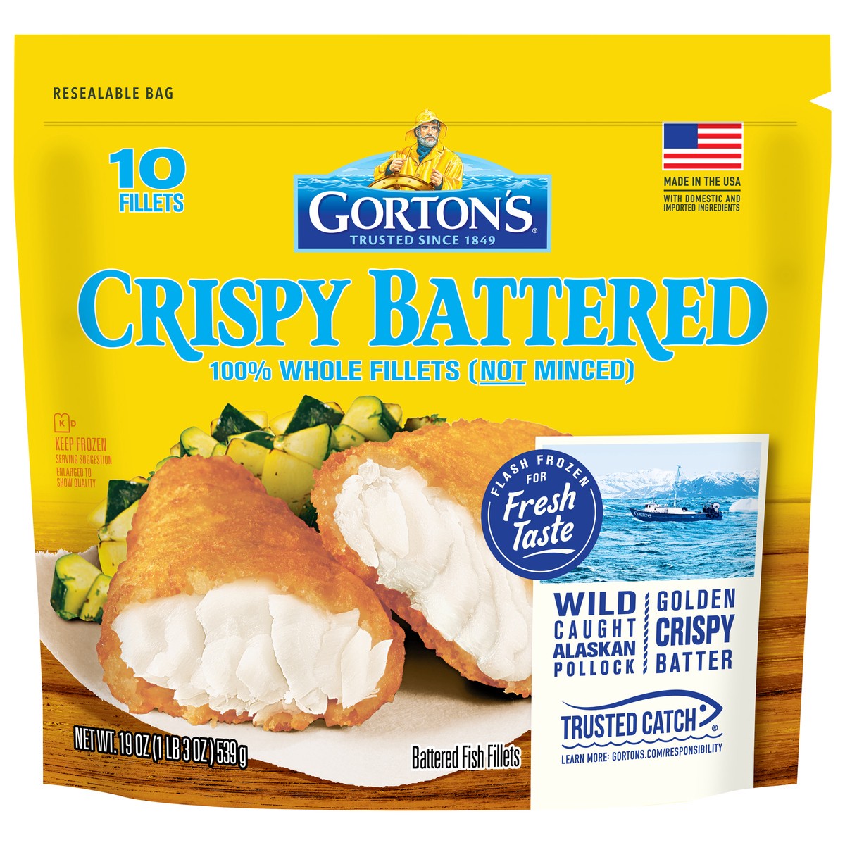 slide 1 of 9, Gorton's Crispy Battered Fish 100% Whole Fillets (Not Minced), Wild Caught Alaskan Pollock, Frozen, 10 Count, 19 oz Resealable Bag, 10 ct