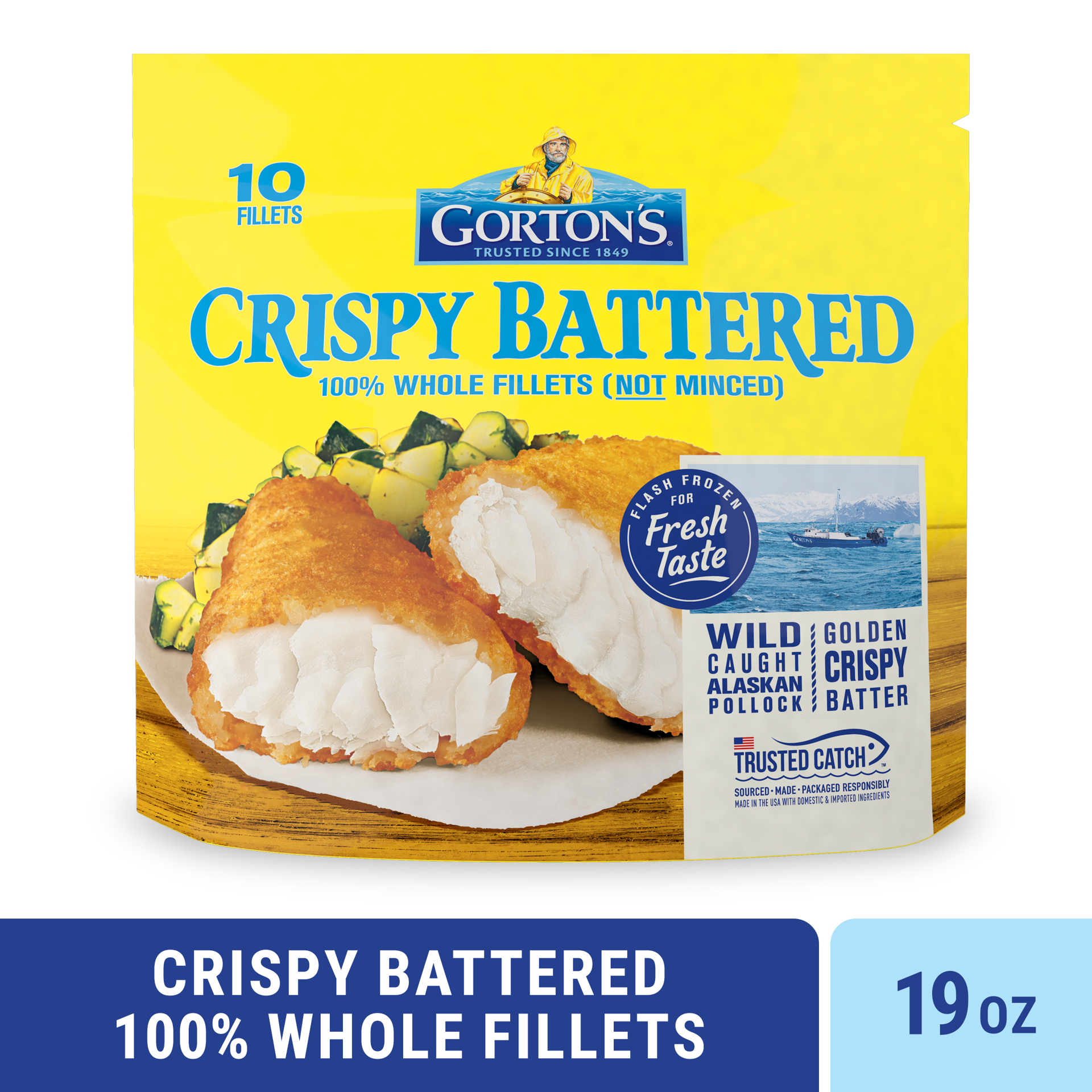 slide 1 of 9, Gorton's Gorton''s Crispy Battered Fish 100% Whole Fillets (Not Minced), Wild Caught Alaskan Pollock, Frozen, 10 Count, 19 Ounce Resealable Bag, 10 ct