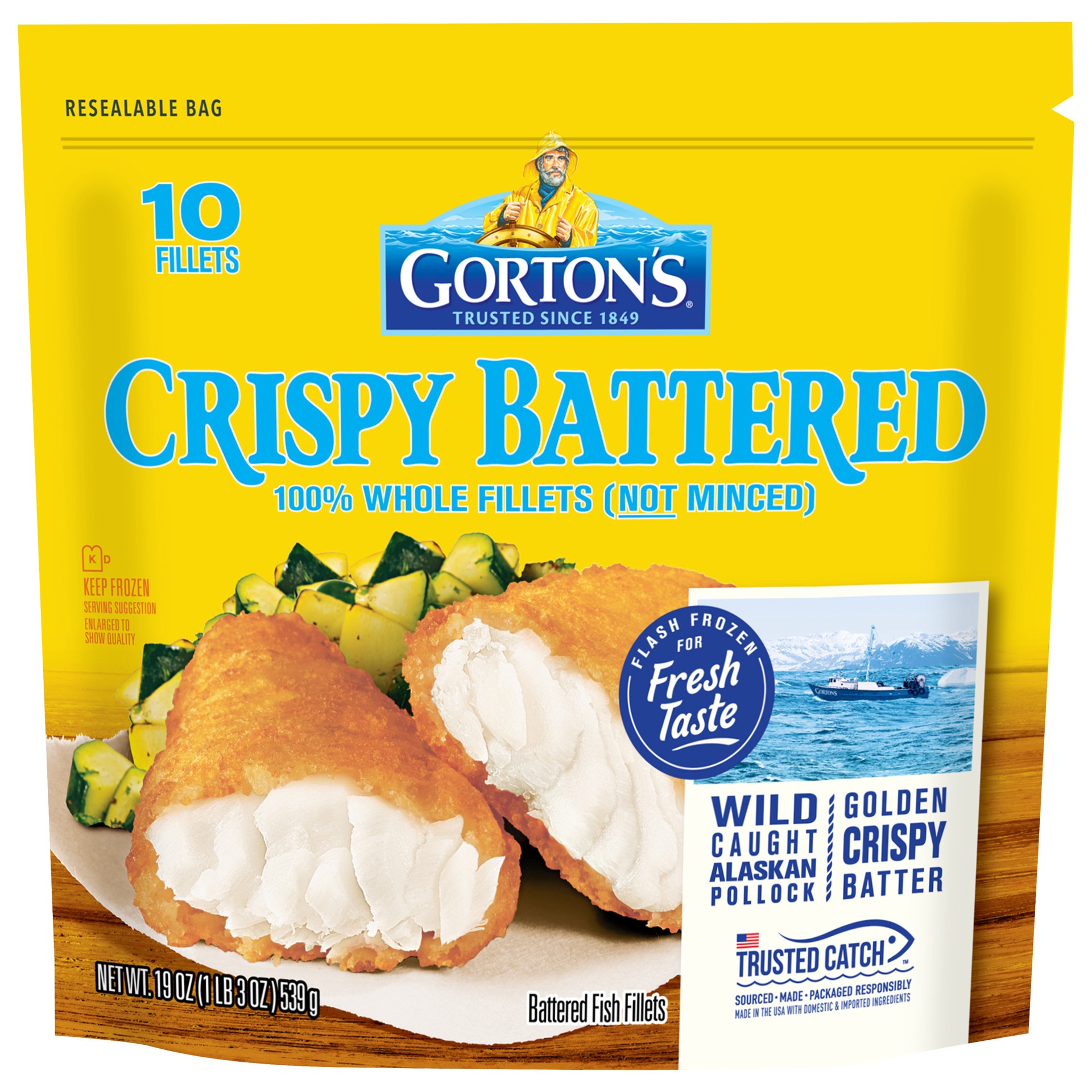 slide 5 of 9, Gorton's Gorton''s Crispy Battered Fish 100% Whole Fillets (Not Minced), Wild Caught Alaskan Pollock, Frozen, 10 Count, 19 Ounce Resealable Bag, 10 ct