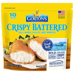 Gorton's Crispy Battered Fish 100% Whole Fillets (Not Minced), Wild Caught Alaskan Pollock, Frozen, 10 Count, 19 oz Resealable Bag