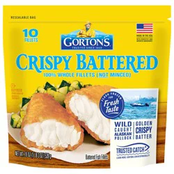 Gorton's Crispy Battered Fish 100% Whole Fillets (Not Minced), Wild Caught Alaskan Pollock, Frozen, 10 Count, 19 oz Resealable Bag