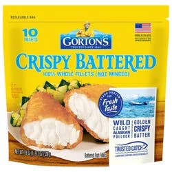 Gorton's Crispy Battered Fish 100% Whole Fillets (Not Minced), Wild Caught Alaskan Pollock, Frozen, 10 Count, 19 oz Resealable Bag