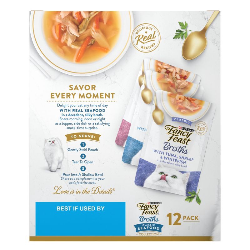 slide 2 of 10, Purina Fancy Feast Broths Lickable Classic Collection Gourmet Wet Cat Food Complement Seafood, Tuna, Salmon, Shrimp, Fish - 1.4oz/12ct Variety Pack, 12 ct; 1.4 oz