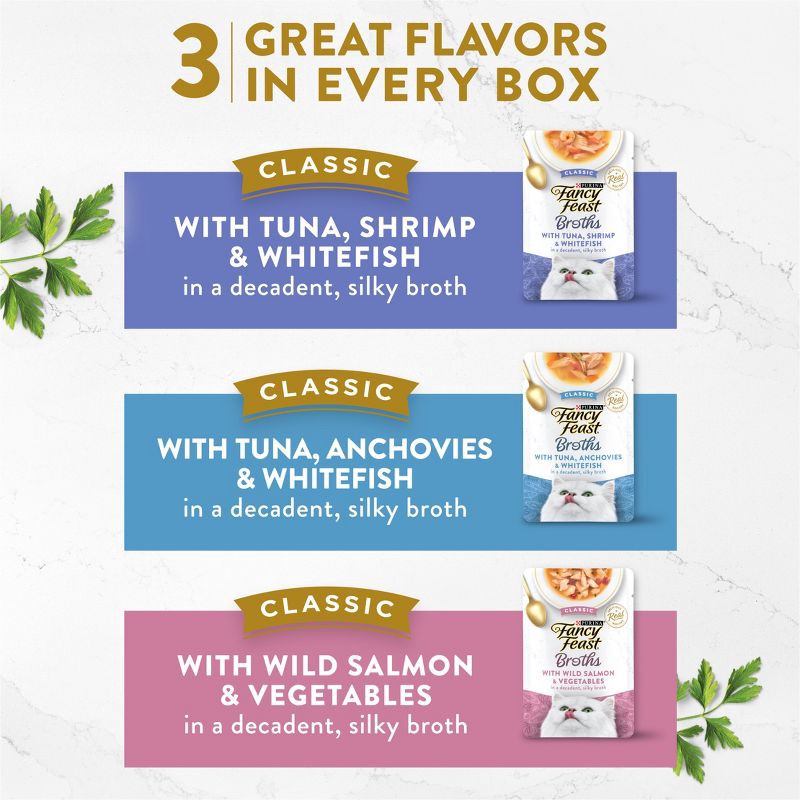 slide 3 of 10, Purina Fancy Feast Broths Lickable Classic Collection Gourmet Wet Cat Food Complement Seafood, Tuna, Salmon, Shrimp, Fish - 1.4oz/12ct Variety Pack, 12 ct; 1.4 oz