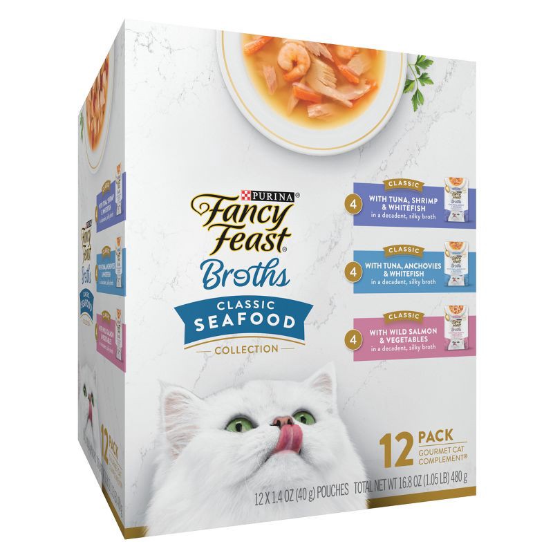 slide 4 of 7, Purina Fancy Feast Broths Lickable Classic Collection Gourmet Wet Cat Food Complement Seafood, Tuna, Salmon, Shrimp, Fish - 1.4oz/12ct Variety Pack, 12 ct; 1.4 oz