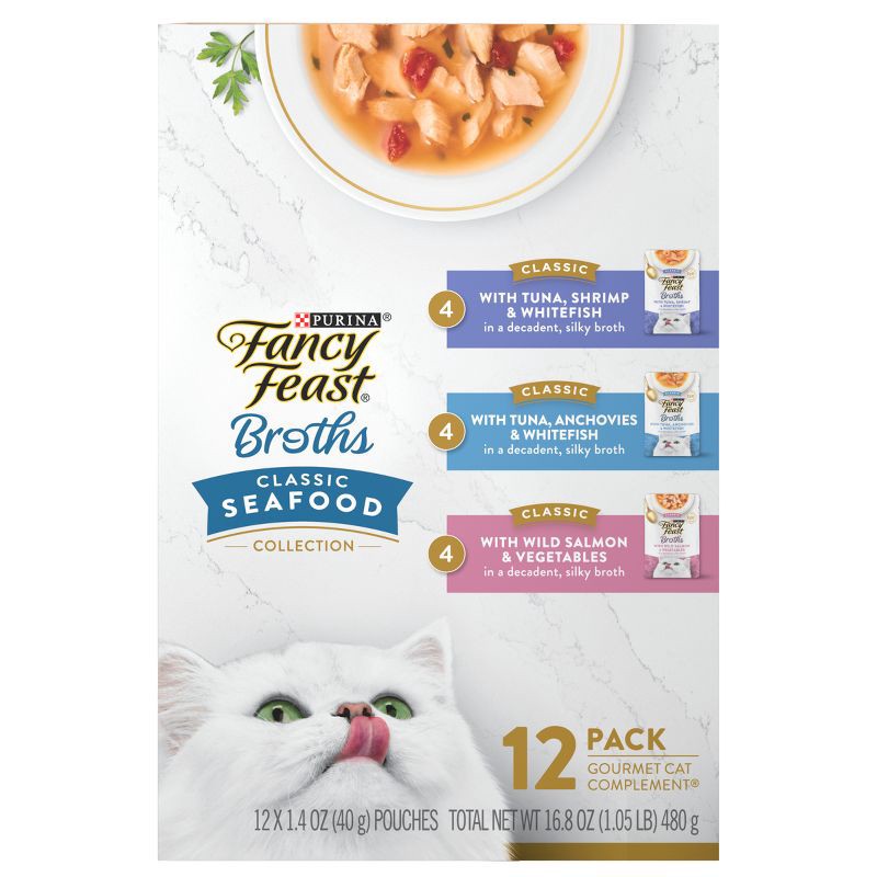 slide 5 of 7, Purina Fancy Feast Broths Lickable Classic Collection Gourmet Wet Cat Food Complement Seafood, Tuna, Salmon, Shrimp, Fish - 1.4oz/12ct Variety Pack, 12 ct; 1.4 oz