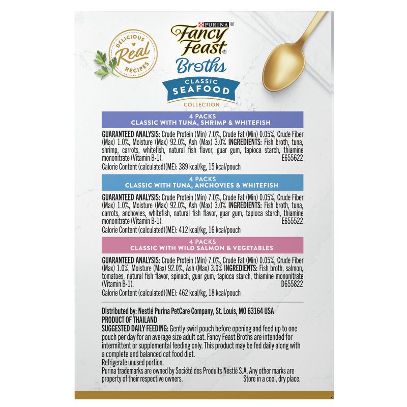 slide 6 of 7, Purina Fancy Feast Broths Lickable Classic Collection Gourmet Wet Cat Food Complement Seafood, Tuna, Salmon, Shrimp, Fish - 1.4oz/12ct Variety Pack, 12 ct; 1.4 oz