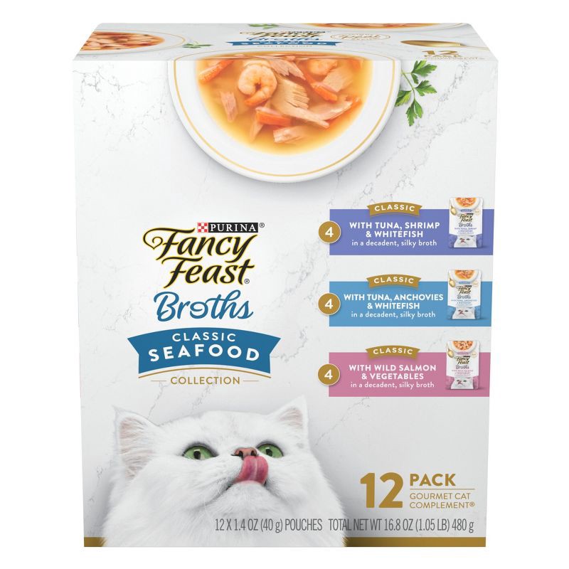 slide 1 of 10, Purina Fancy Feast Broths Lickable Classic Collection Gourmet Wet Cat Food Complement Seafood, Tuna, Salmon, Shrimp, Fish - 1.4oz/12ct Variety Pack, 12 ct; 1.4 oz