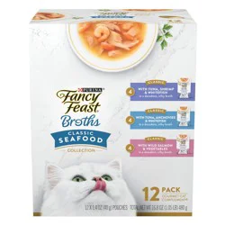 Purina Fancy Feast Broths Lickable Classic Collection Gourmet Wet Cat Food Complement Seafood, Tuna, Salmon, Shrimp, Fish - 1.4oz/12ct Variety Pack