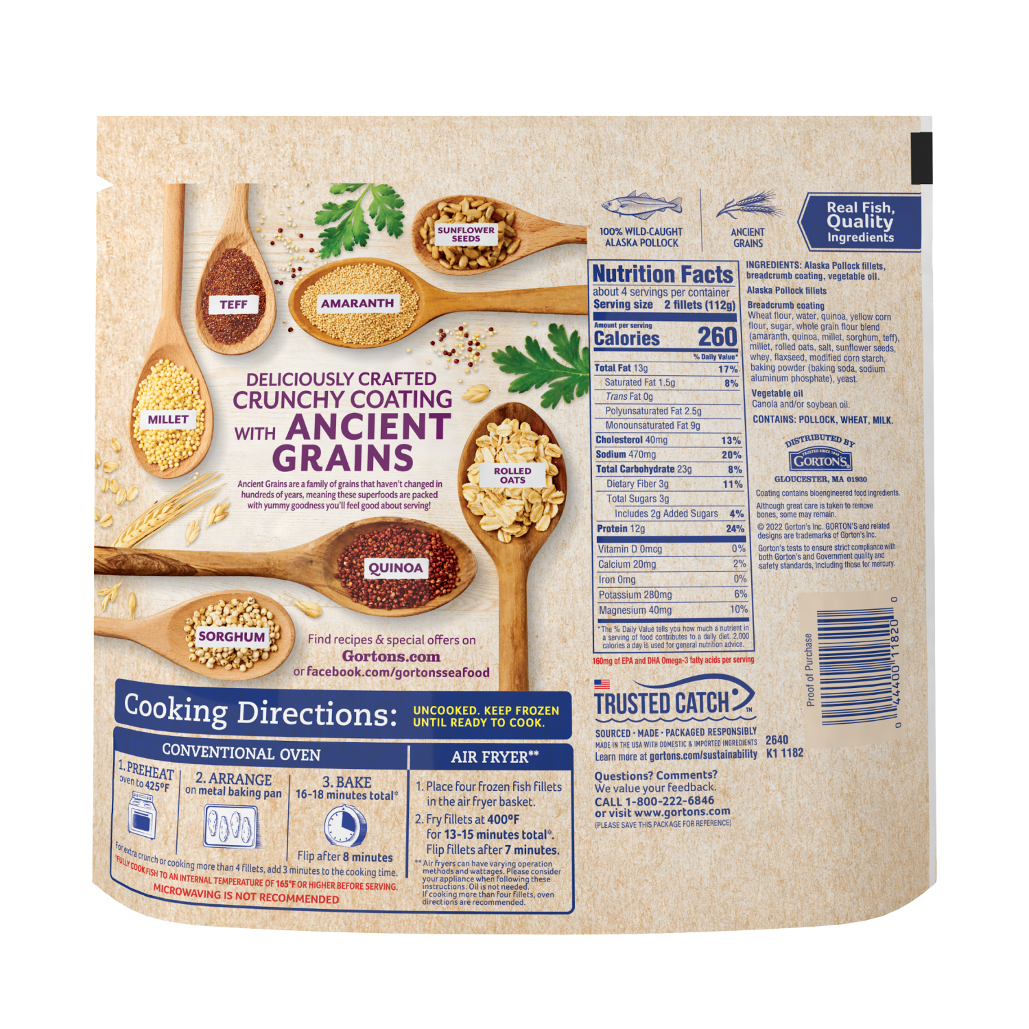 slide 4 of 7, Gorton's Gorton’s Golden Crusted Fish 100% Whole Fish Fillets (Not Minced), Wild Caught Alaskan Pollock Breaded with Quinoa, Amaranth and Other Ancient Grains, Frozen, 8 Count, 15.2 Ounce Resealable Bag, 8 ct