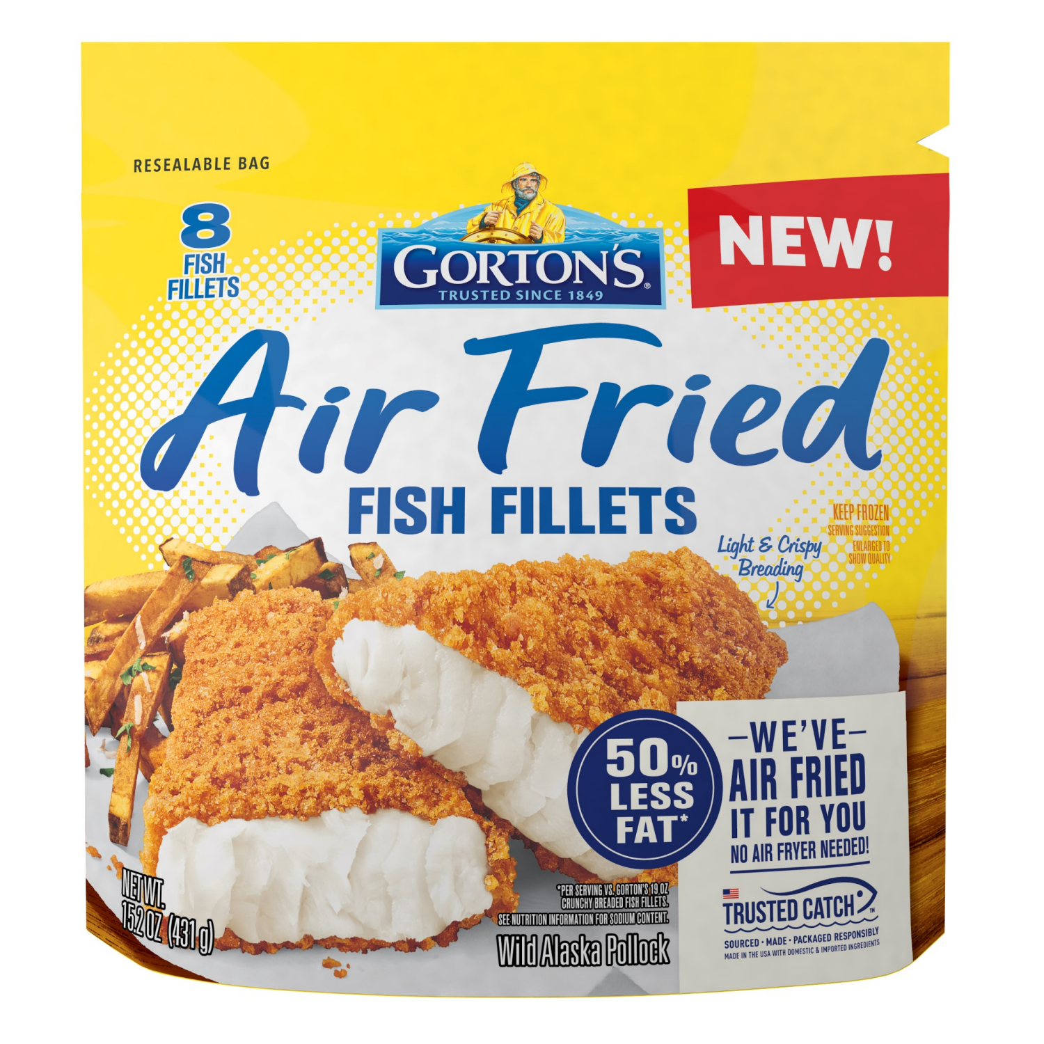 slide 2 of 6, Gorton's Gorton’s Air Fried Fish 100% Whole Fillets, Wild Caught Fish, Frozen, 8 Count, 15.2 Ounce Resealable Bag, 8 ct