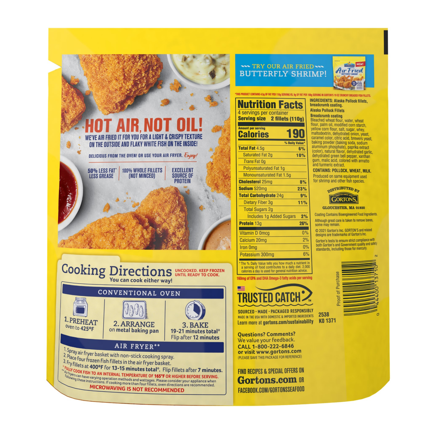slide 3 of 6, Gorton's Gorton’s Air Fried Fish 100% Whole Fillets, Wild Caught Fish, Frozen, 8 Count, 15.2 Ounce Resealable Bag, 8 ct
