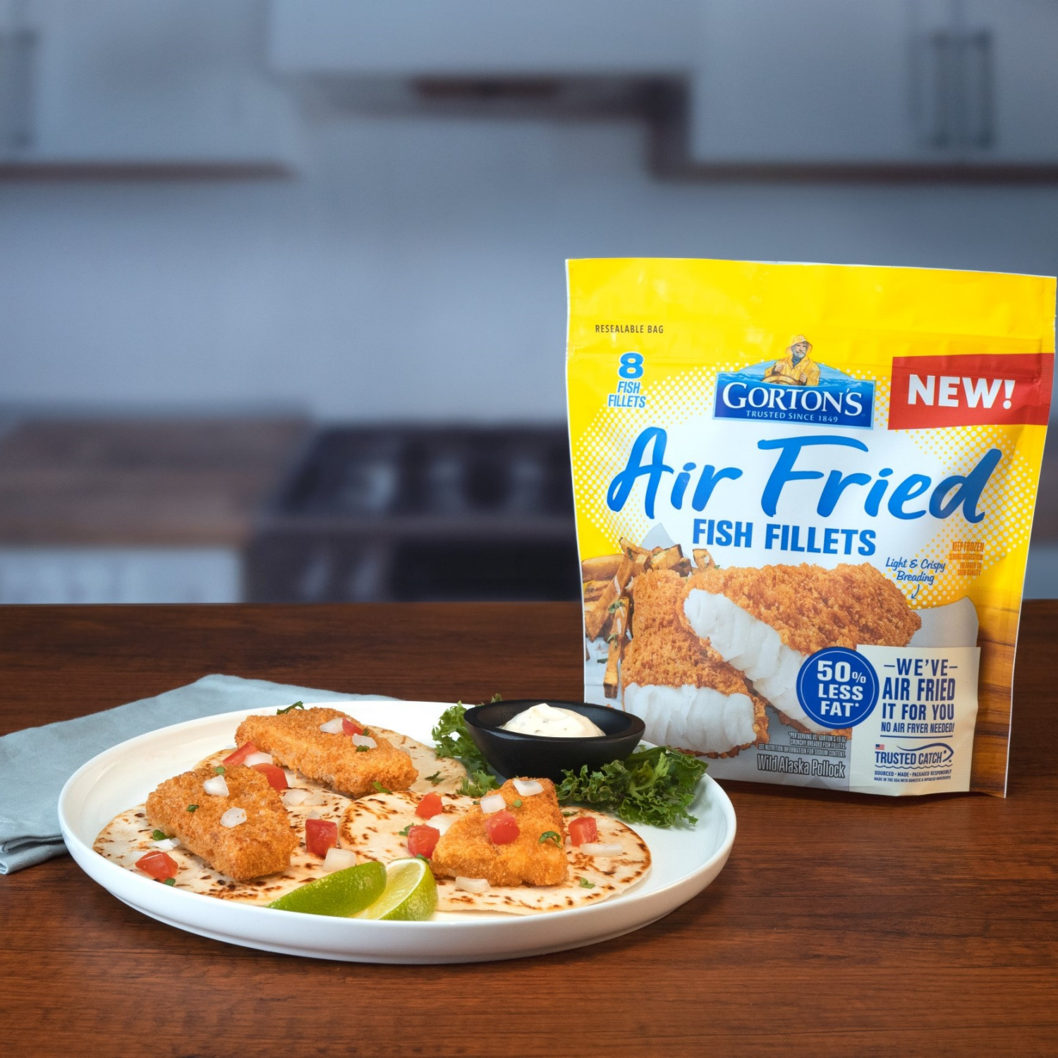 slide 4 of 6, Gorton's Gorton’s Air Fried Fish 100% Whole Fillets, Wild Caught Fish, Frozen, 8 Count, 15.2 Ounce Resealable Bag, 8 ct