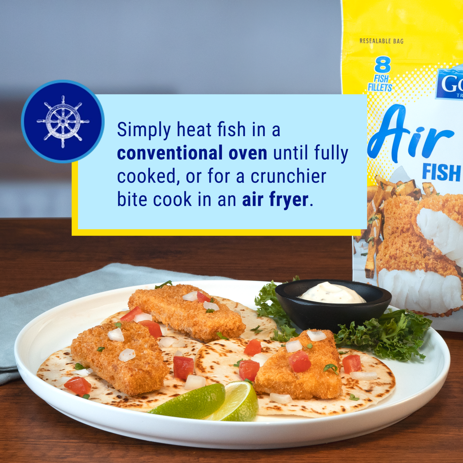 slide 6 of 6, Gorton's Gorton’s Air Fried Fish 100% Whole Fillets, Wild Caught Fish, Frozen, 8 Count, 15.2 Ounce Resealable Bag, 8 ct
