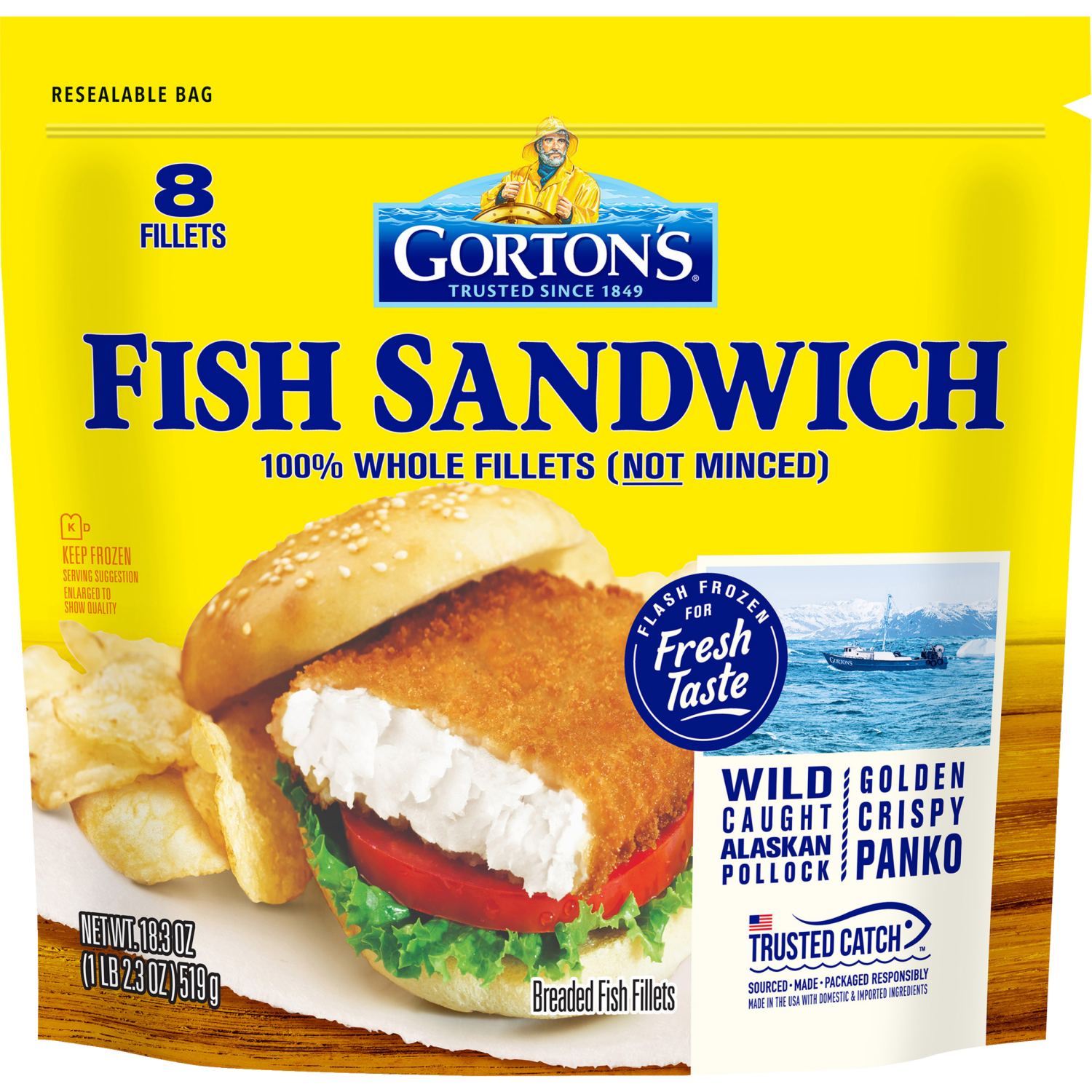 slide 1 of 7, Gorton's Breaded Whole Sandwich Fish Fillets 8 - 18.3 oz Each, 8 ct