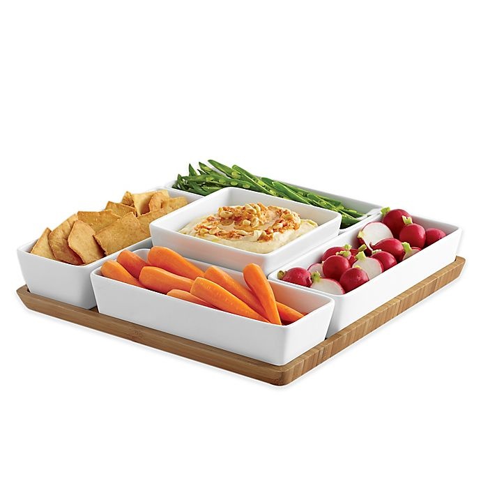 slide 1 of 2, B. Smith Square Serving Set - White with Bamboo Tray, 6 ct