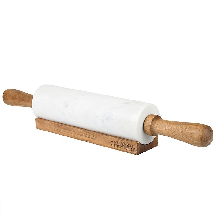 slide 3 of 3, Artisanal Kitchen Supply Marble Rolling Pin with Wooden Handles and Cradle - White, 1 ct