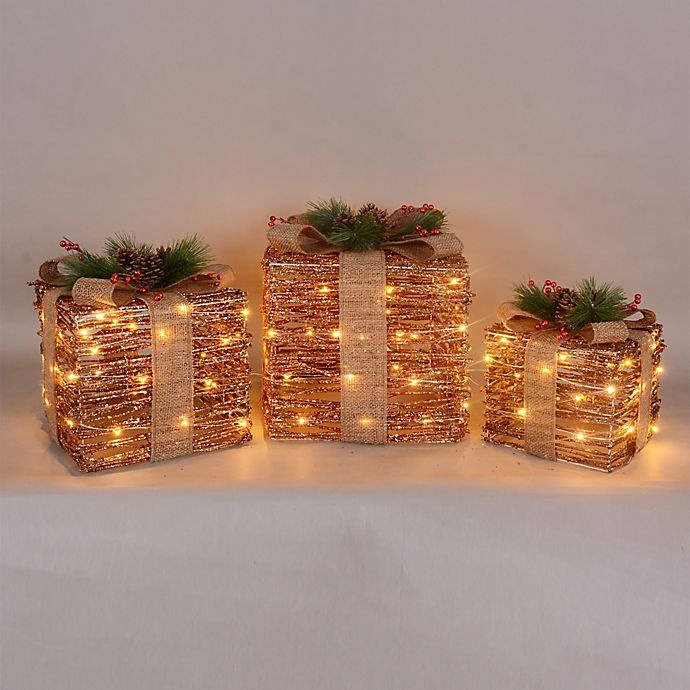 slide 2 of 2, Winter Wonderland LED Decorative Ruby Rattan Gift Boxes, 3 ct