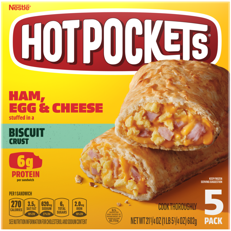 slide 1 of 2, Hot Pockets Frozen Snack Ham, Egg and Cheese Biscuit Crust Frozen Breakfast Sandwiches, 5 Count, 21.25 oz