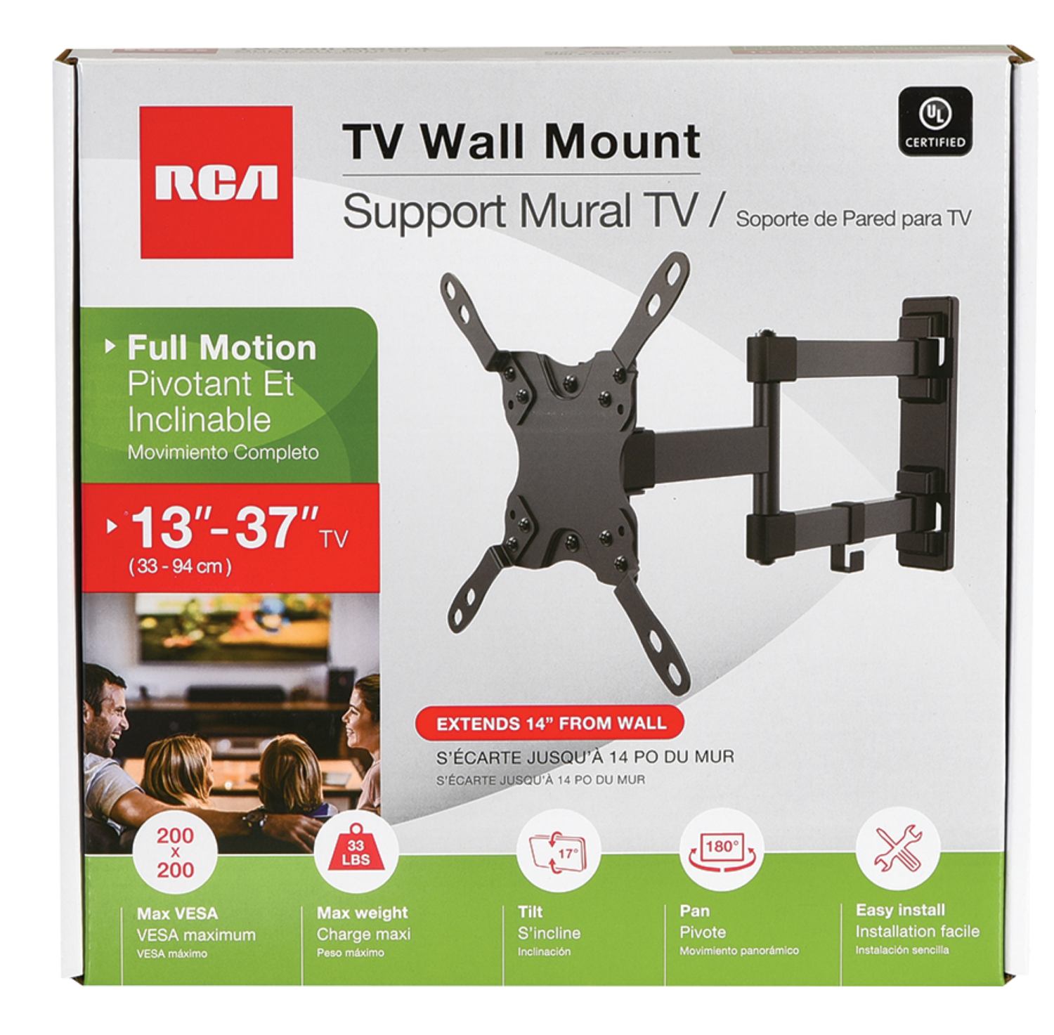 slide 1 of 1, RCA Full Motion Universal TV Wall Mount, 13" to 37", 13 in