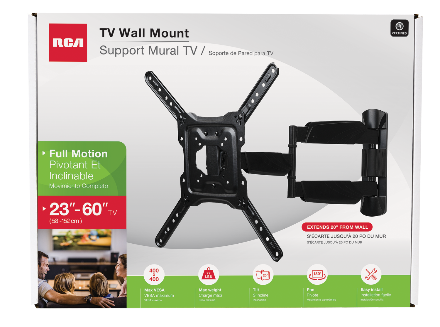 slide 1 of 1, RCA Full Motion Universal TV Wall Mount, 23" to 60", 60 in