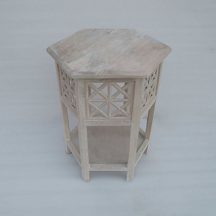 slide 5 of 8, Global Caravan Khilana Carved Wooden Tea Table - White Wash, 1 ct