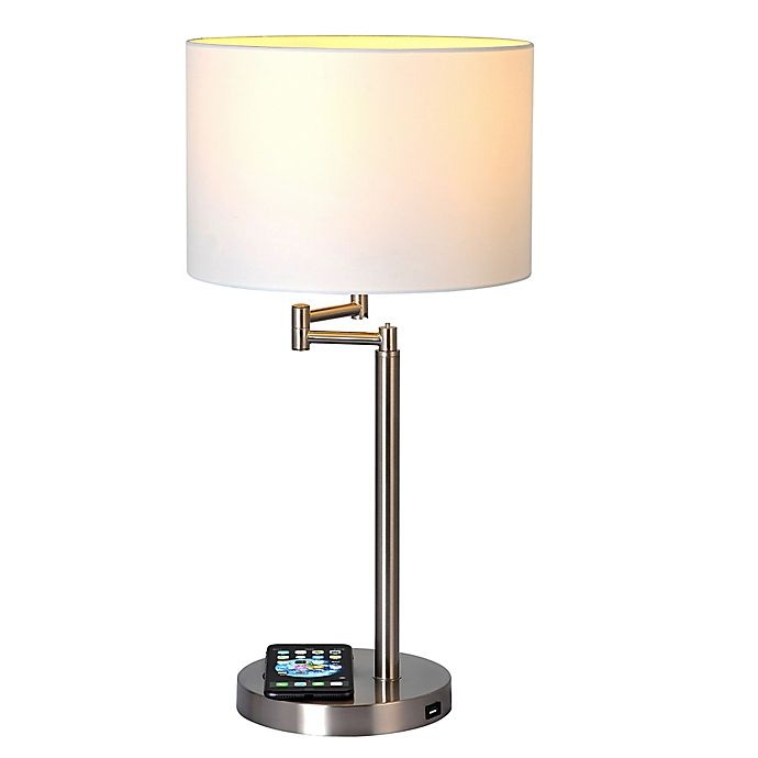 slide 3 of 7, Adesso Swing Arm Qi Wireless Charging Table Lamp - Brushed Steel with Drum Shade, 1 ct