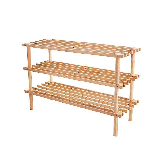 slide 1 of 3, Simply Essential 3-Tier Wood Shoe Rack - Natural, 1 ct