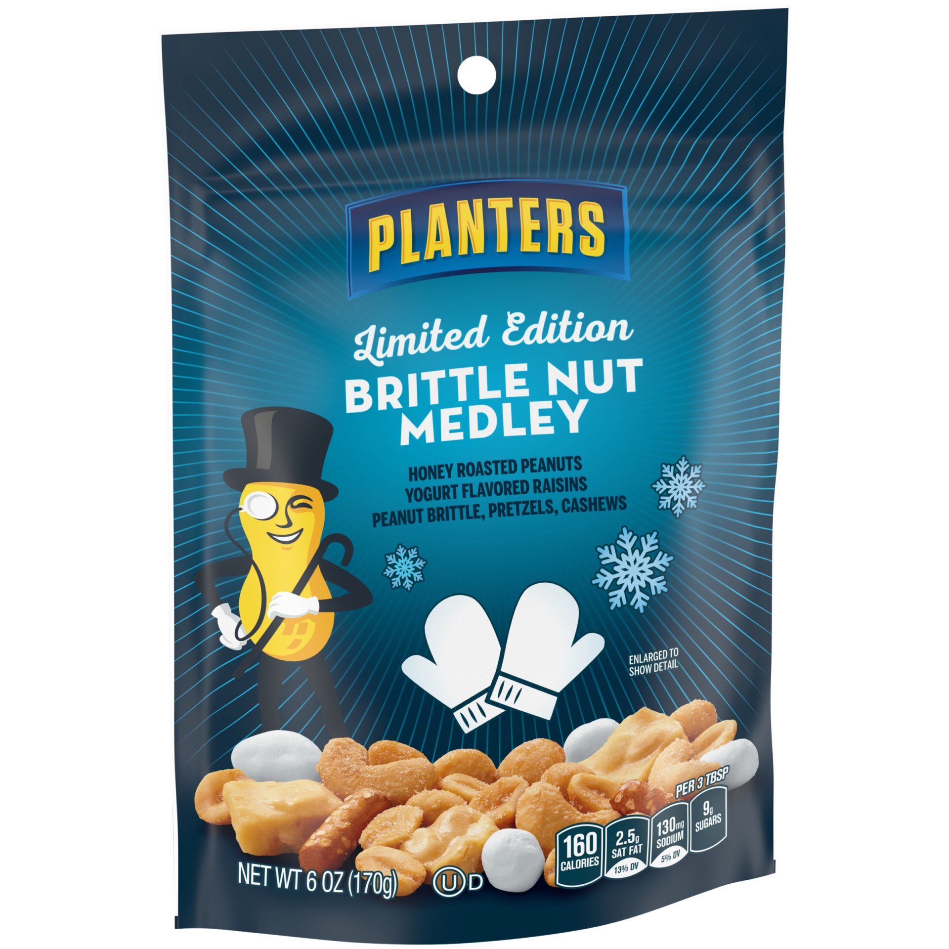 slide 2 of 6, Planters Limited Edition Brittle Nut Medley Trail Mix Snack with Honey Peanuts, Yogurt Raisins, Peanut Brittle, Pretzels & Cashews, 6 oz