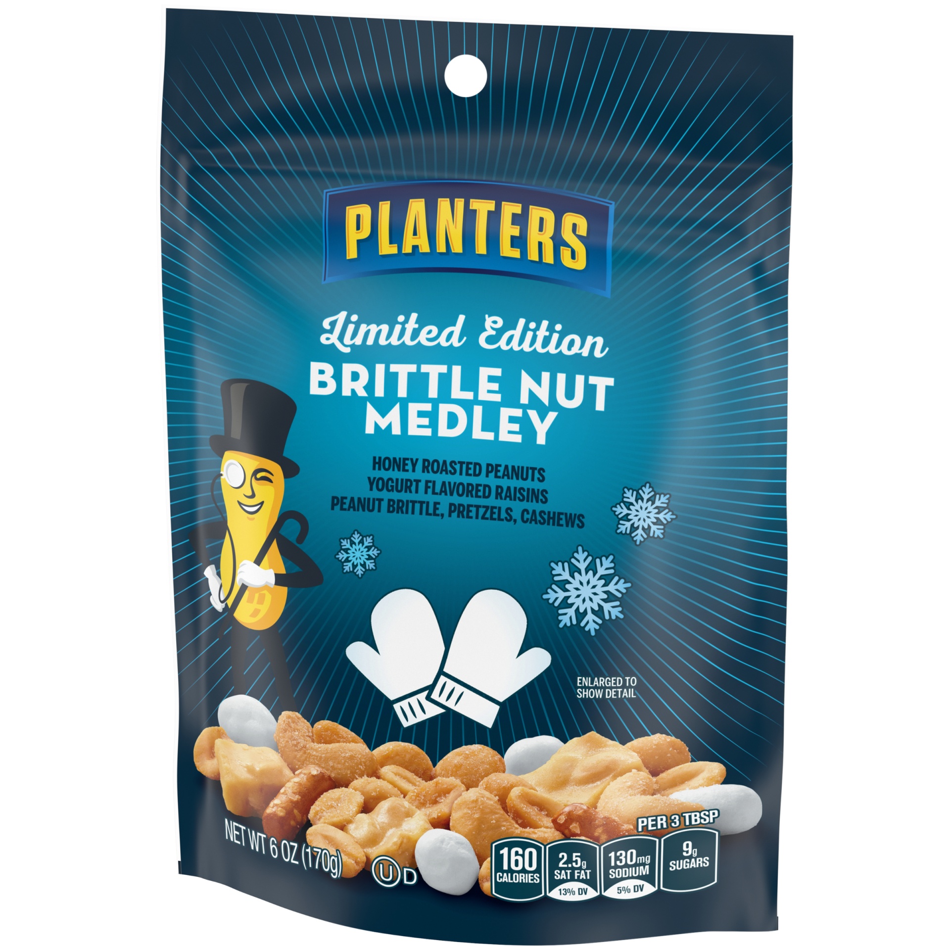 slide 3 of 6, Planters Limited Edition Brittle Nut Medley Trail Mix Snack with Honey Peanuts, Yogurt Raisins, Peanut Brittle, Pretzels & Cashews, 6 oz