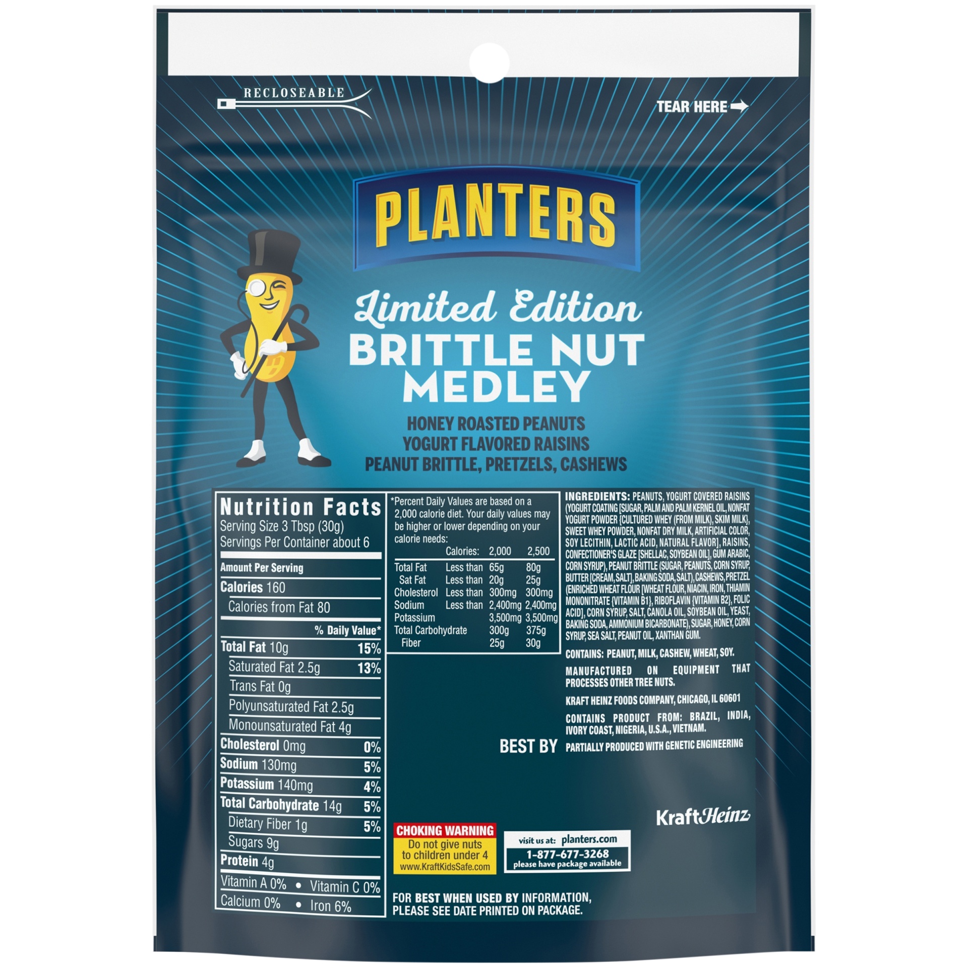 slide 4 of 6, Planters Limited Edition Brittle Nut Medley Trail Mix Snack with Honey Peanuts, Yogurt Raisins, Peanut Brittle, Pretzels & Cashews, 6 oz