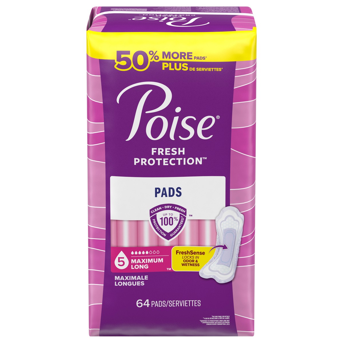 slide 1 of 1, Poise Incontinence Pads & Postpartum Incontinence Pads, 5 Drop Maximum Absorbency, Long Length, 64 Count, 64 ct