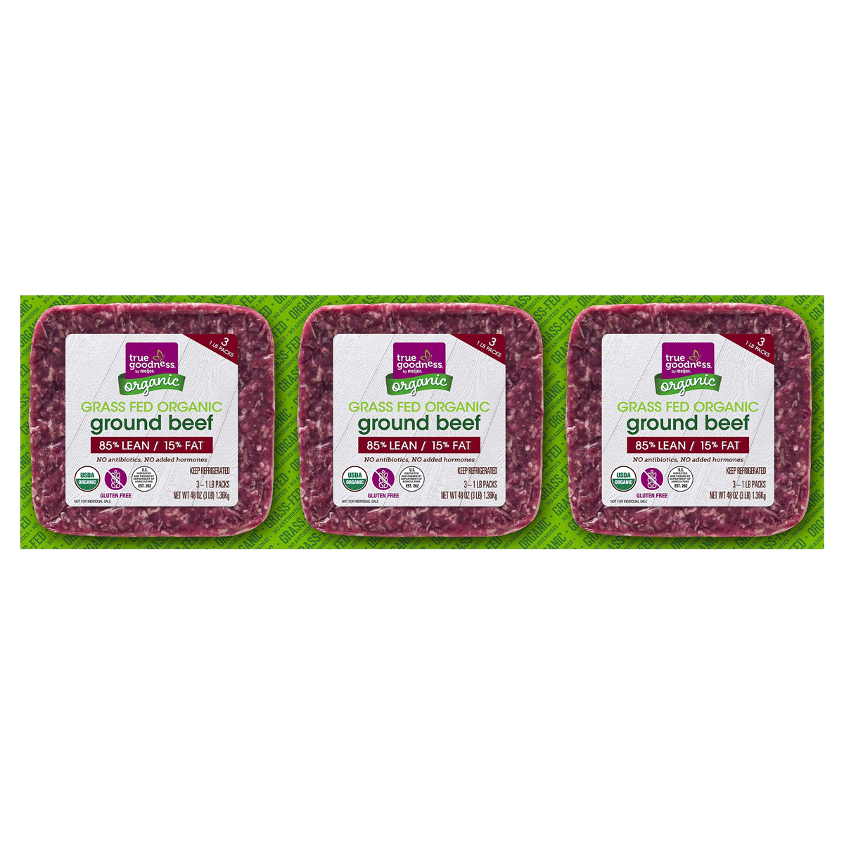 slide 1 of 3, True Goodness 85% Organic Grass Fed Ground Beef, 3 lb, 3 lb