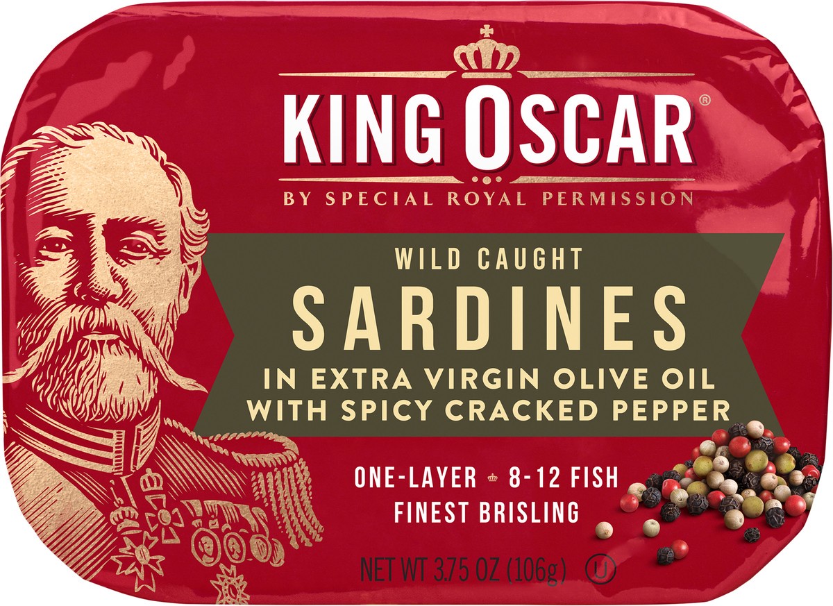 slide 4 of 6, King Oscar Sardines 1-Layer in Extra Virgin Olive Oil Cracked Pepper 3.75 ounces, 3.75 oz