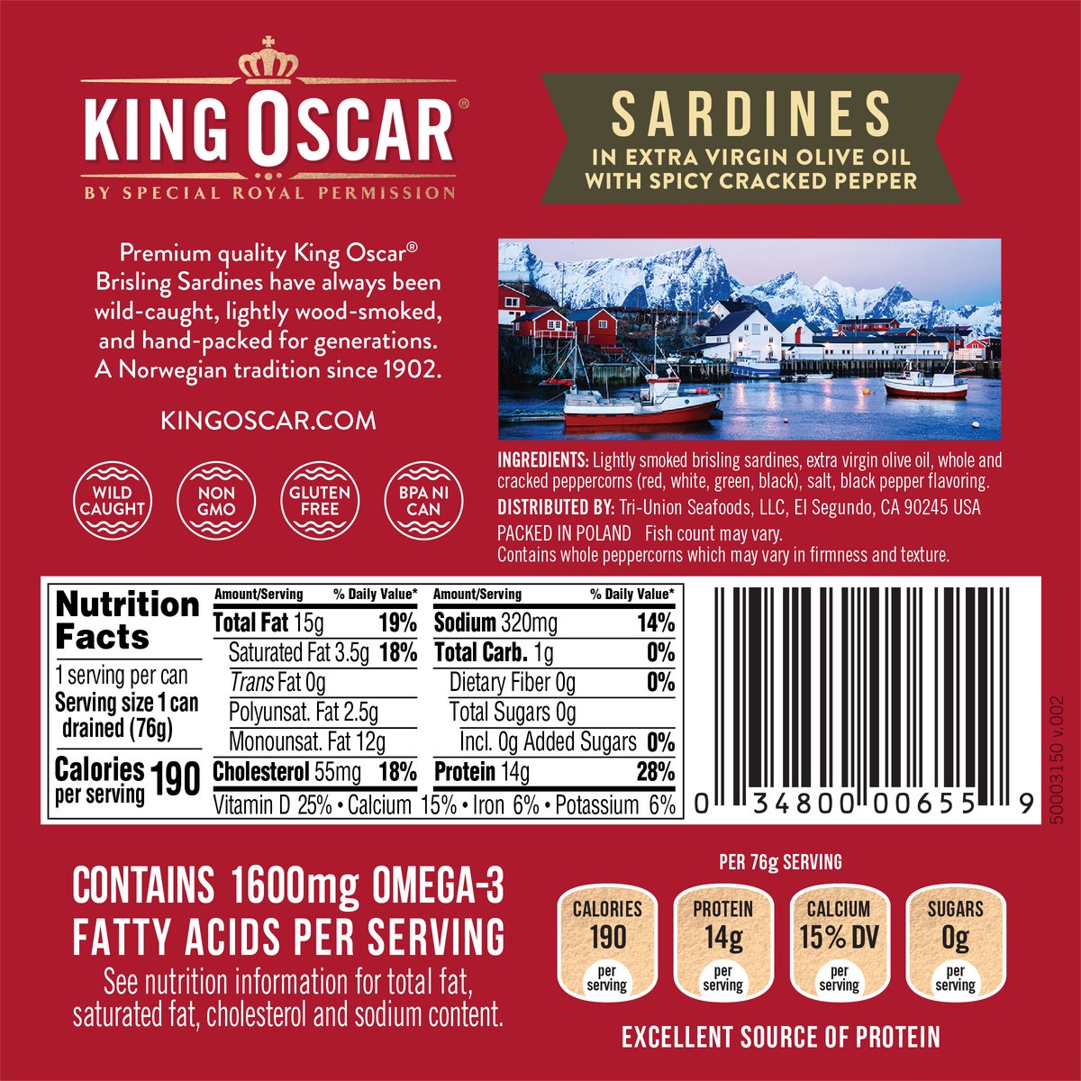 slide 5 of 6, King Oscar Sardines 1-Layer in Extra Virgin Olive Oil Cracked Pepper 3.75 ounces, 3.75 oz